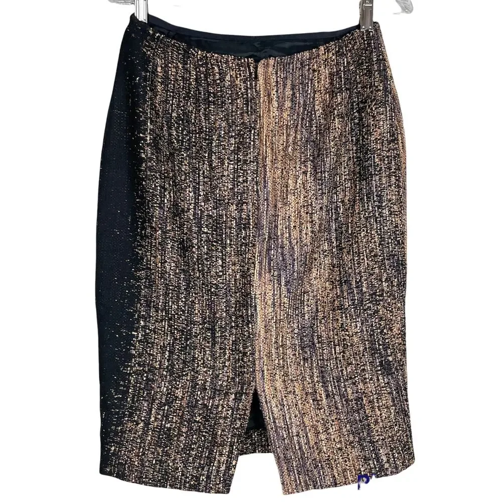 Lafayette 148 NY Blamu Tweed Pencil Skirt Size 4 Tan Black Ombre Cascade Pattern